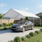 White carport canopy shelter with galvanized steel posts covering a parked car