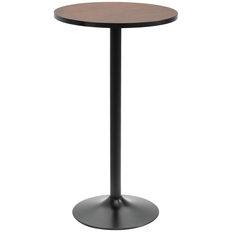 Round rustic wood bar table with black metal pedestal base