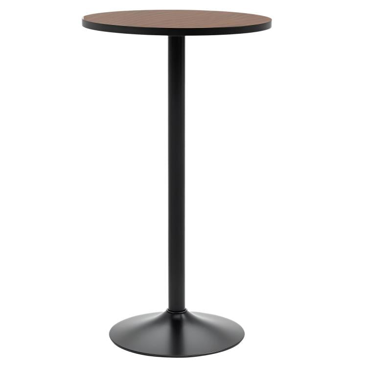 Round wood pub table with black single-column base and round foot