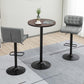 Round bar table with dark round wood top and black metal pedestal base.