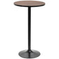 Round bar table with dark wood top and black pedestal base, bar height.