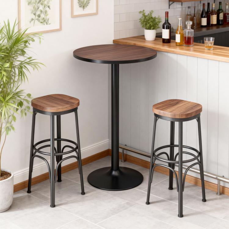Round wood round-top bar table with black metal pedestal and wide base