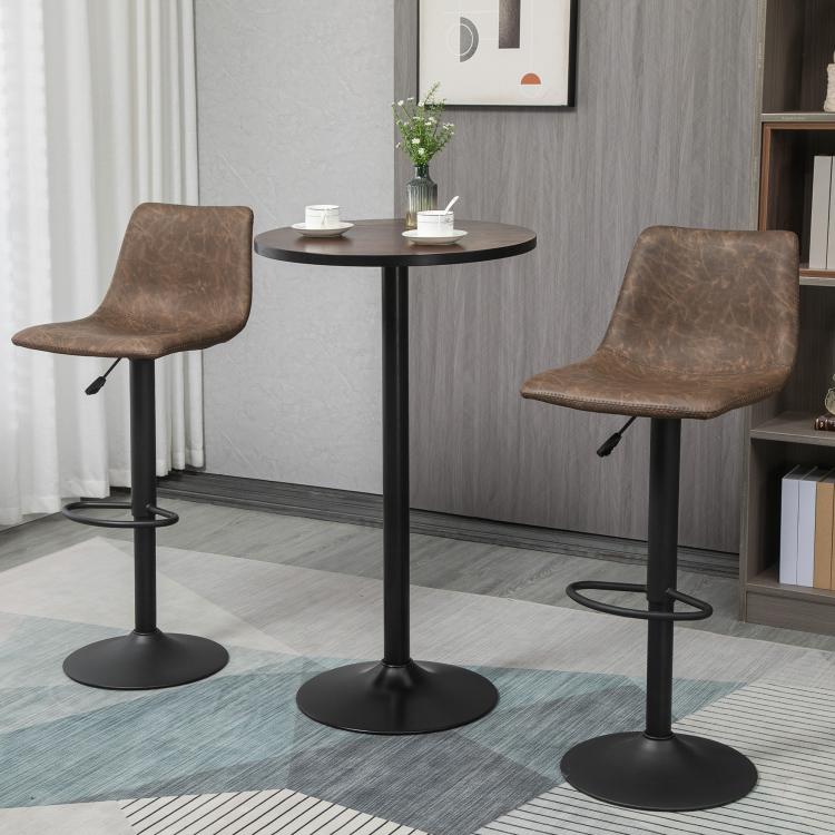 Round wood bar table with matte black pedestal and circular base