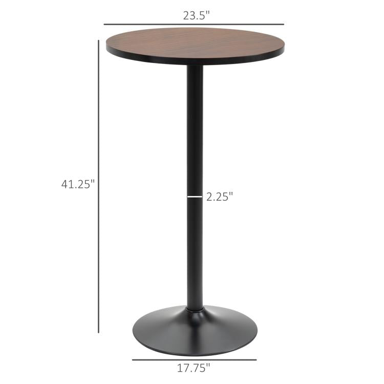 Round wood top bar table with tall black pedestal base, side view