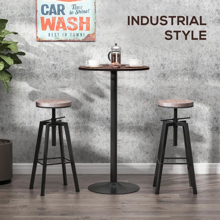 Industrial style round wood bar table with black metal pedestal base