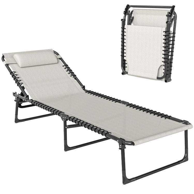 Folding chaise lounge pool chair with cream seat and back, black frame, with head pillow