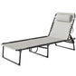 Folding chaise lounge pool chair with cream mesh seat and back, black frame, reclining position