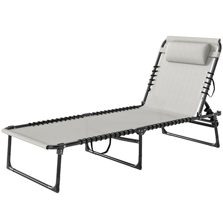 Folding chaise lounge pool chair with cream mesh seat and back, black frame, reclining position