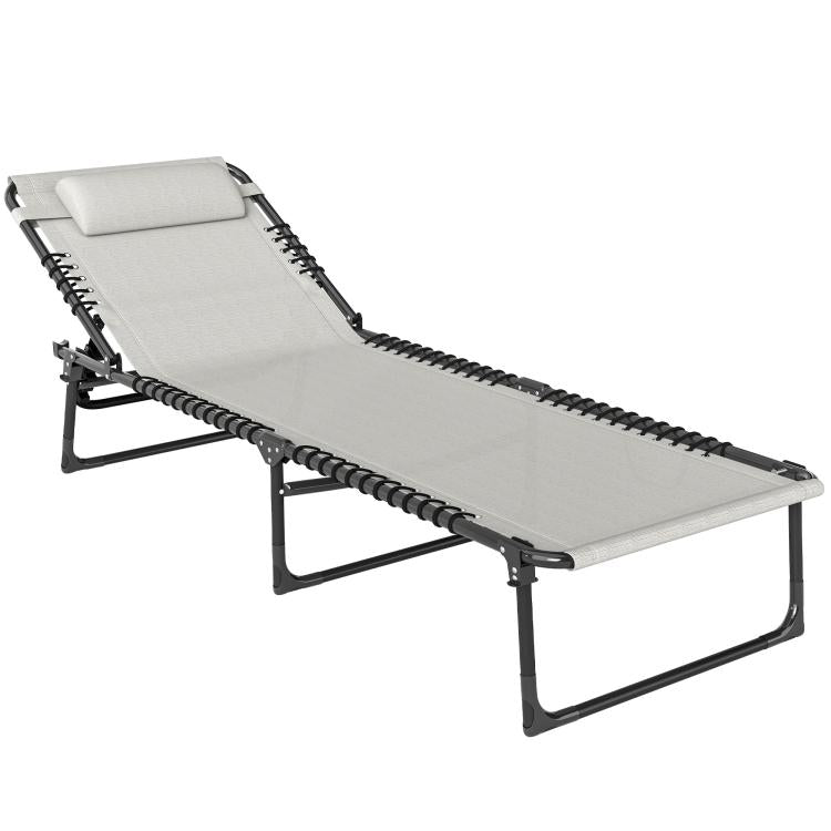Folding chaise lounge chair in cream with 4-position reclining back and padded pillow