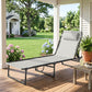Cream folding chaise lounge pool chair with pillow and ventilated mesh seat on a wooden deck