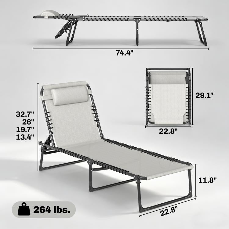 Folding chaise lounge pool chair with cream mesh panel seat and back, black metal stand