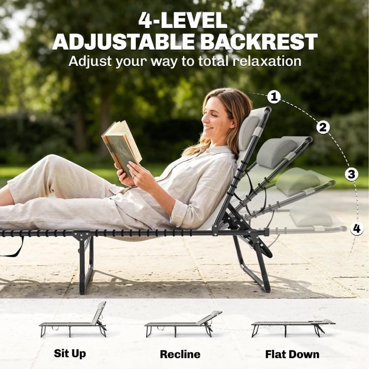 Cream folding chaise lounge pool chair with adjustable back in multiple reclining settings