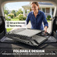 Folding chaise lounge pool chair set up on car cargo area, cream seat and black frame