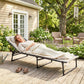 Cream folding chaise lounge pool chair with pillow and mesh seat for outdoor lounging