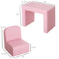 Pink kids armchair and table with labeled dimensions, rounded edges