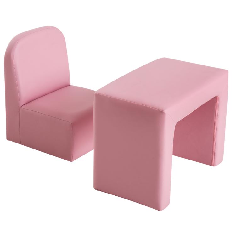 Pink kids armchair next to matching side table, padded cushions and rounded edges