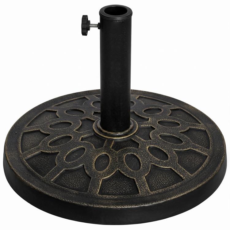 Black round resin umbrella base with decorative cutout pattern and side locking knob