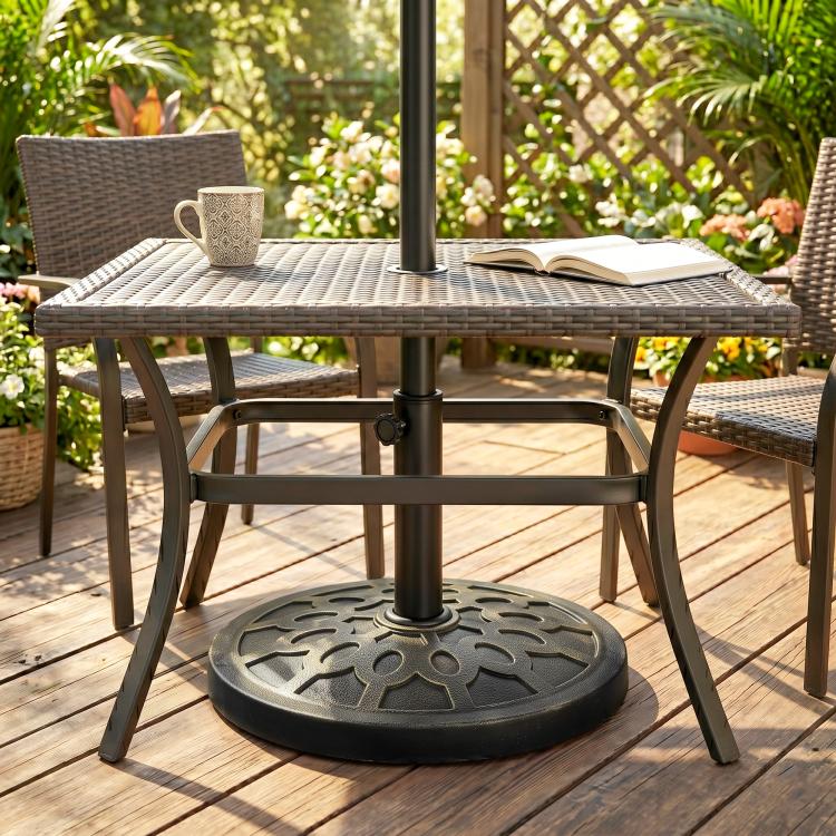 Round resin umbrella base stand with decorative pattern and central pole socket