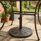 Black round resin umbrella base with ornate pattern and central pole socket