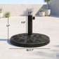 Black resin umbrella base stand with visible size measurements and pole holder
