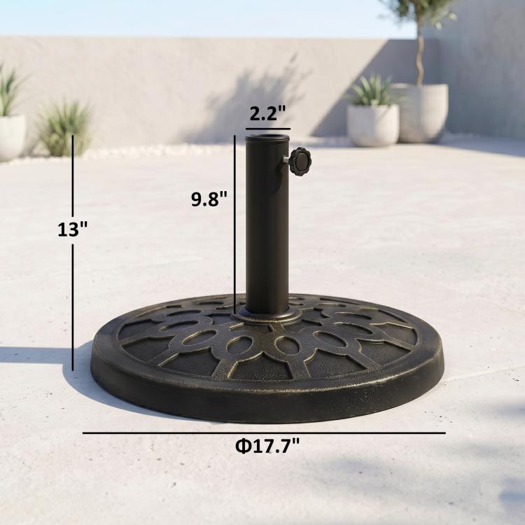 Black resin umbrella base stand with visible size measurements and pole holder