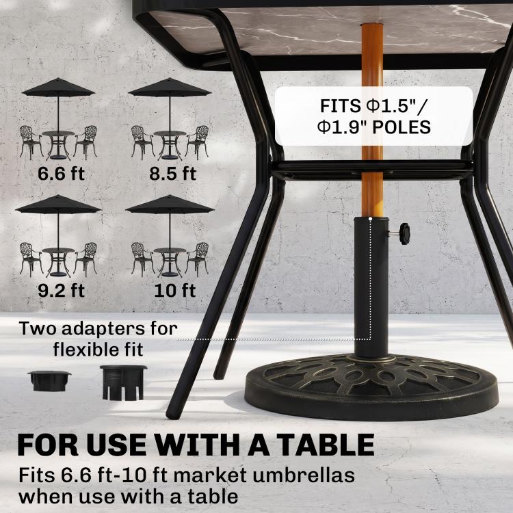 Black umbrella base with adapter shown and round decorative base for table use