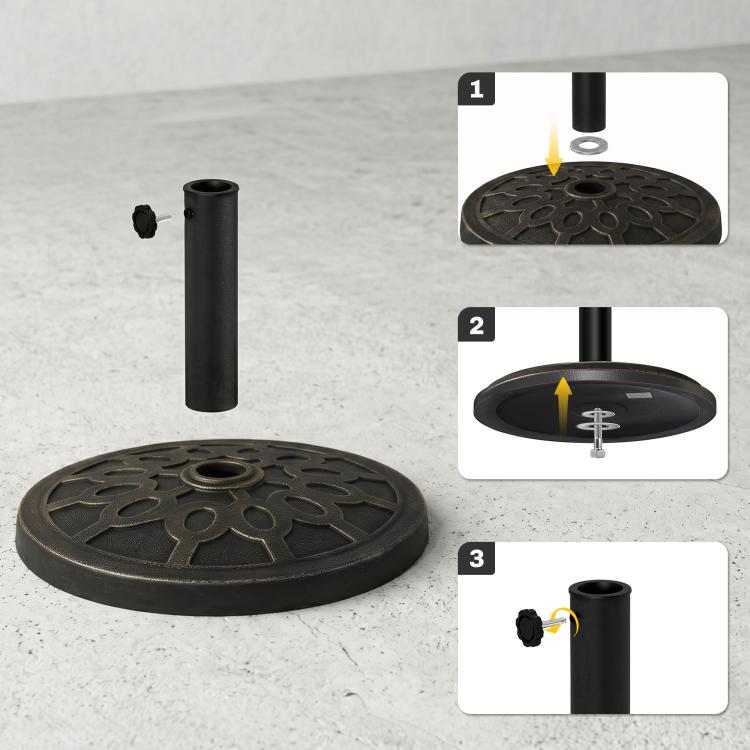 Umbrella base stand with pole and illustrated assembly steps on the round base
