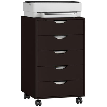 Brown 5-drawer file cabinet with top white paper tray and caster wheels