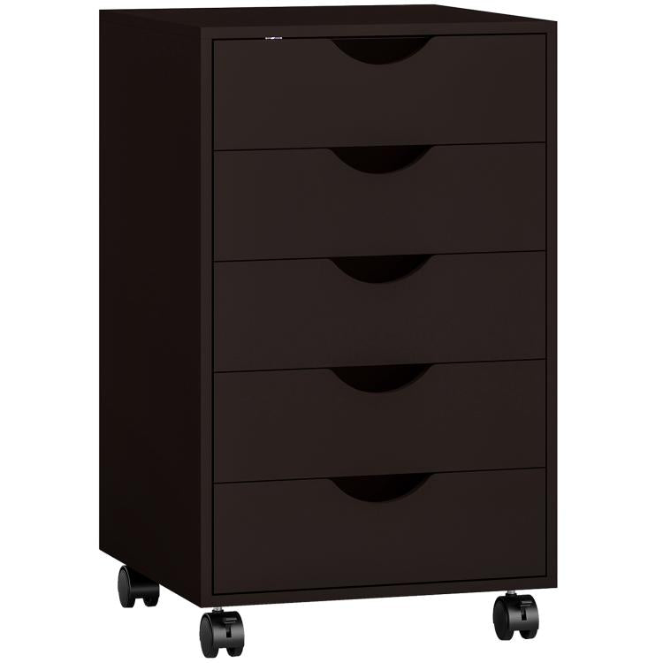 Dark brown 5-drawer file cabinet front view with arched drawer pulls on casters