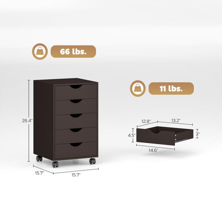 Brown 5-drawer cabinet diagram with caster base, weight and size indicators