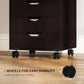 Brown cabinet with drawer fronts and four caster wheels for easy moving