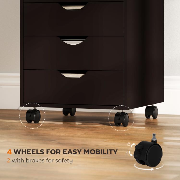 Brown cabinet with drawer fronts and four caster wheels for easy moving