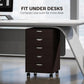 Brown rolling file cabinet designed to fit under a desk with caster wheels
