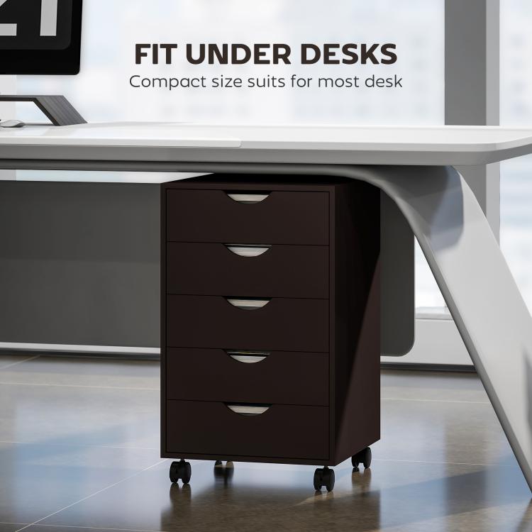 Brown rolling file cabinet designed to fit under a desk with caster wheels