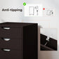 Brown cabinet with anti-tip mounting bracket and drawer fronts on casters