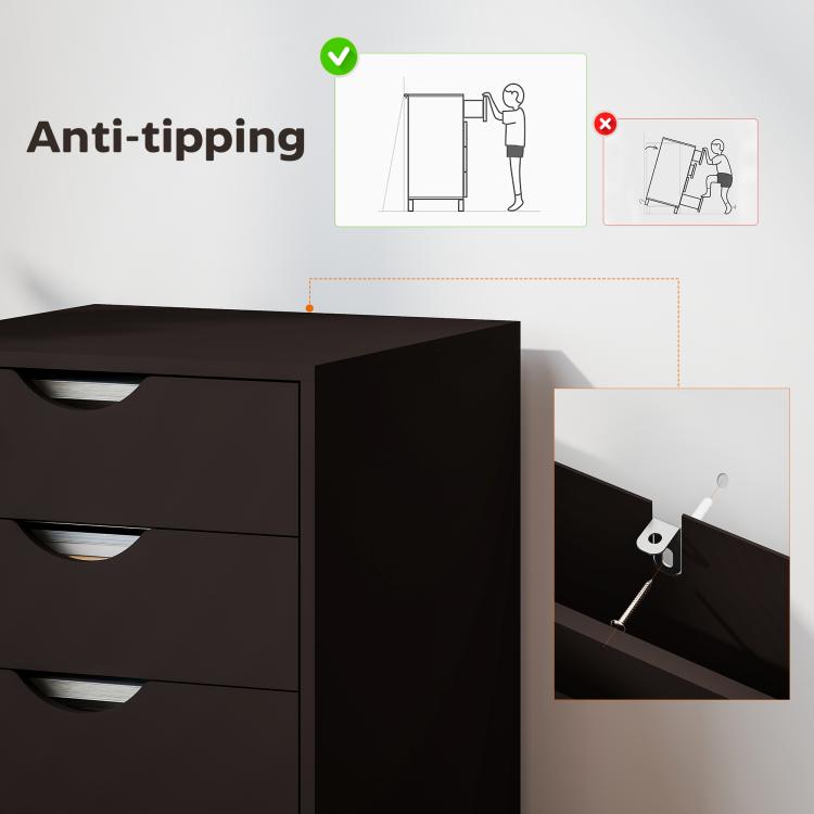 Brown cabinet with anti-tip mounting bracket and drawer fronts on casters