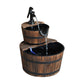 Two-tier wood barrel fountain with pump and flowing water stream