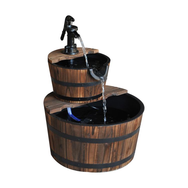 Two-tier wood barrel fountain with pump and flowing water stream