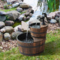 Freestanding two-tier wooden barrel fountain with flowing water and black pump