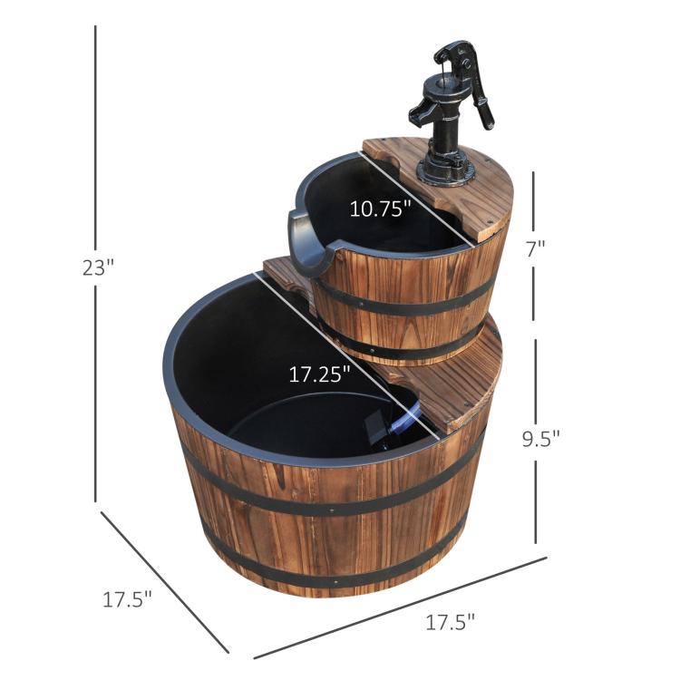 Two-tier wooden barrel water fountain with black pump, top spout, and curved basins