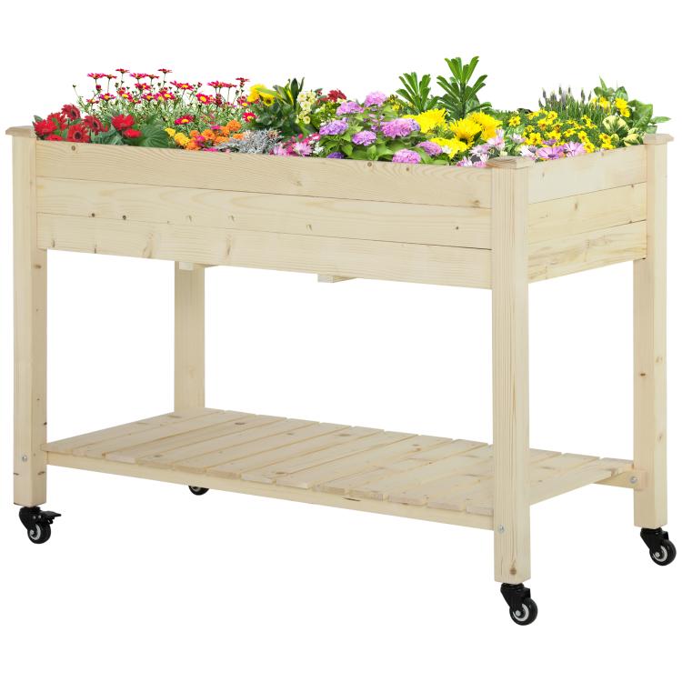 Natural wood elevated planter box with wheels and built-in lower storage shelf