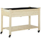 Natural wooden raised garden bed with lower storage shelf and caster wheels