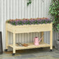 Two-tier raised garden bed in light wood with rolling wheels and storage shelf