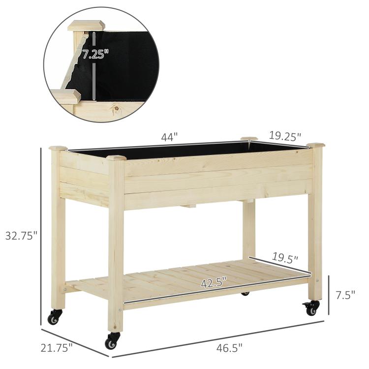 Natural wood raised garden bed with dimensions, two tiers, and corner rolling wheels