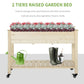 Two-tier raised garden bed with open lower shelf and rolling wheels