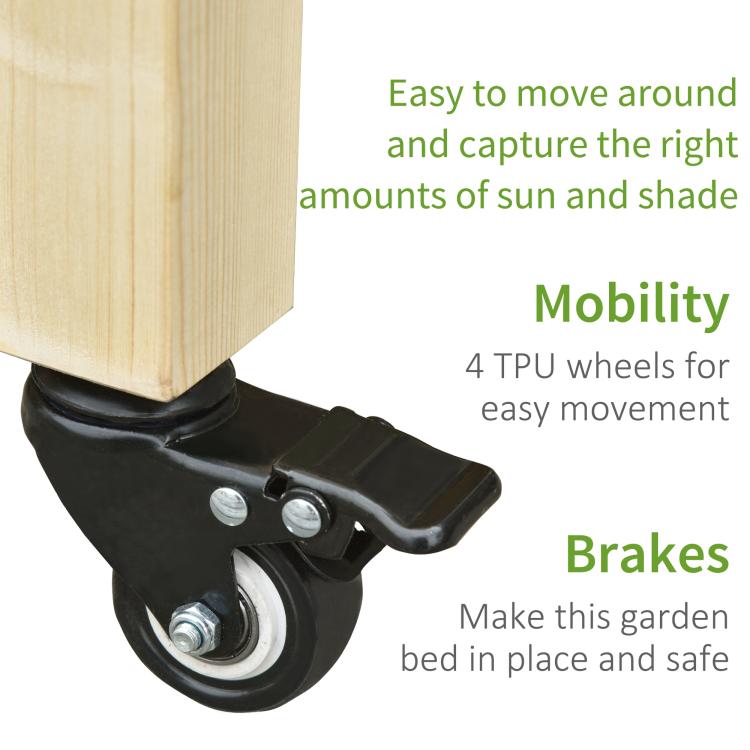 Close-up of black locking caster wheel on raised wooden garden bed