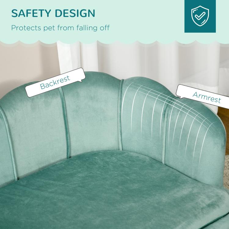 Green pet sofa bed with padded backrest and armrests, cushioned seat surface