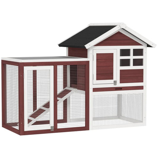 Brown wooden rabbit hutch with white frame, wire mesh walls, and black roof panel