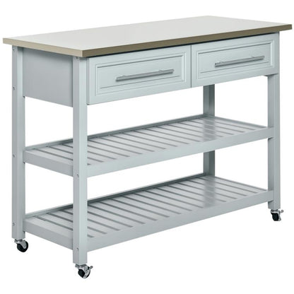 Light gray kitchen island cart with stainless steel top, drawers, two shelves, and casters