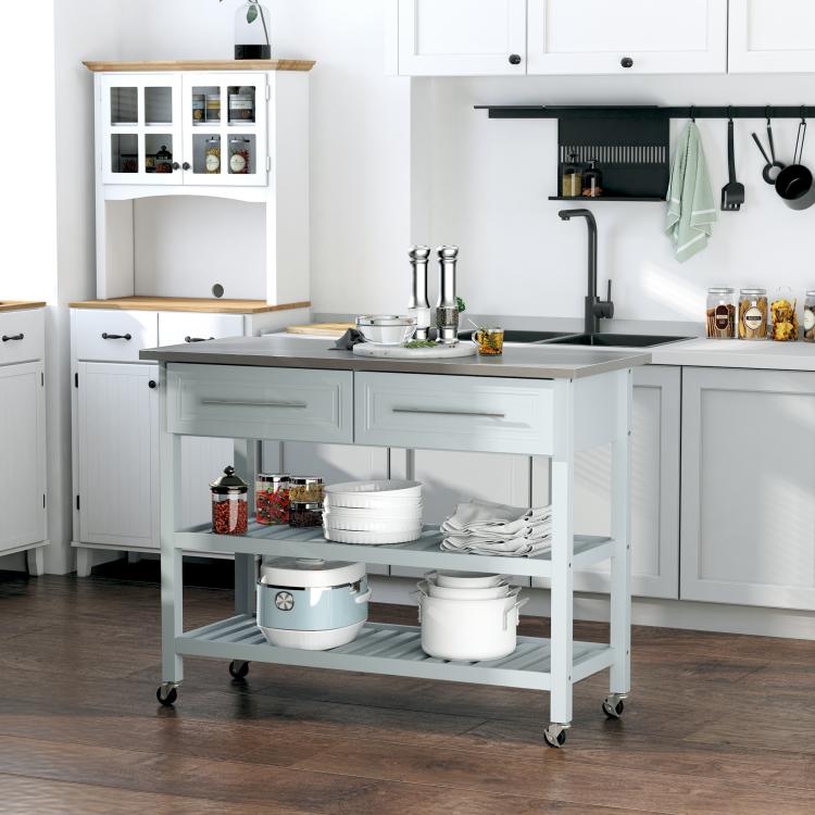 Light gray kitchen island cart with stainless top, two drawers, two open shelves, and wheels